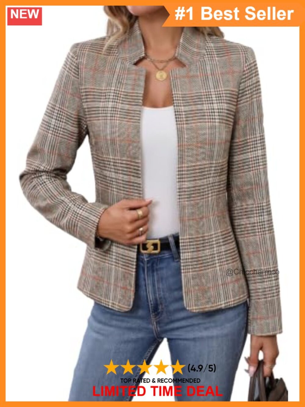 Plaid Tweed Open Front Blazer Business Casual Jacket